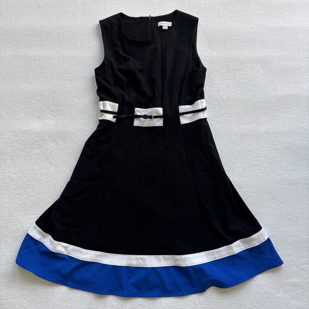 Calvin Klein Black Black Blue Sleeveless Fit & Flare Dress 8 Belted Colorblock